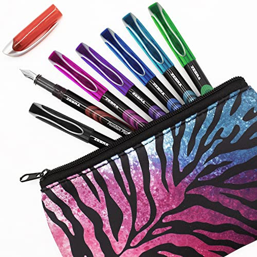 Zebra Fuente - Disposable Fountain Pen - One of Each Coloured Ink - Pack of 7 - Includes Pink & Blue Striped Pencil Case