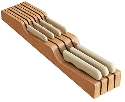 In-Drawer Knife Block Organizer - Bamboo Wood Drawer Knife Organizer-Protecting Knife Organizer Block (Not Included) (Natural, 7 Knives Dock)