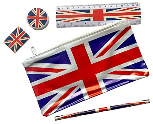 Souvenirs Union Jack London Pencil Case with Pencil, Sharpener, Ruler & Eraser Rubber - UJ British School Set/UK Union Jack Themed School Kit