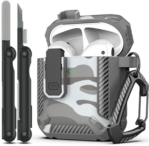 RFUNGUANGO Compatibile con AirPods Cover Custodia kit di pulizia, armatura protettiva militare con serratura Compatibile con custodia di ricarica AirPod Gen 1&2, Grigio mimetico