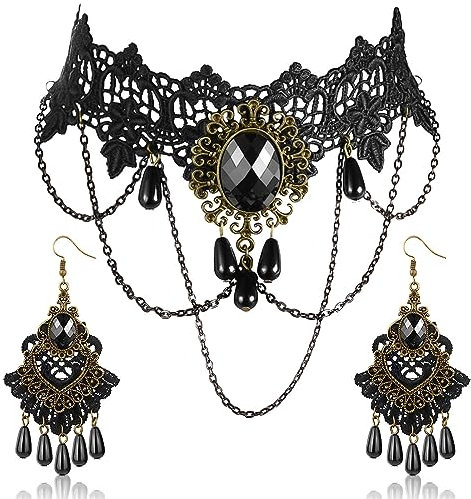 Cosplay Halloween Fête Schwarze Spitze Gothic Halsband mit Ohrringe Set Choker Halsband Damen Gothic Schmuck Lolita Dekoration Choker Kette Halloween Schmuck Set, Für Karneval, Halloween, Maskerade