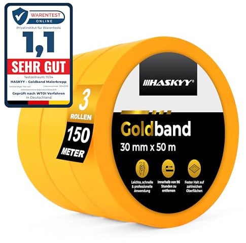 HASKYY Goldband Malerkrepp Kreppband 3x Malerband 30mm x 50m Profi Abdeckband Malertape Klebeband Washi Tape Gold Papiertape Selbstklebend