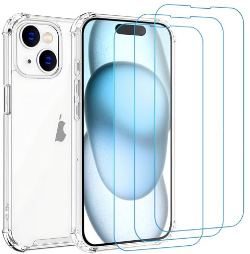 Whioltl Custodia per iPhone 15 Plus con [confezione da 3] pellicole protettive in vetro temperato, cover trasparente per telefono, antigraffio e ammortizzante, custodia trasparente compatibile con