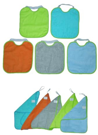 Pack 5 Baberos impermeable + 5 toallas para guardería. Rizo 100% algodón (babero + toalla)