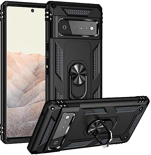 Verco Hybrid Armor Shield Case für Google Pixel 6 Pro Hülle, extrem robust mit Magnet Fingerring Halter Handyhülle für Pixel 6 Pro Panzerhülle, Schwarz