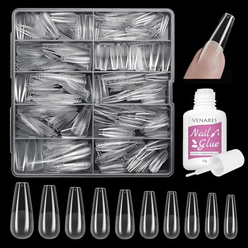 Nageltips für Gelnägel, Venares 500 Stück Künstliche Nägel Set 10 Größen Vorpolierte Nageltips mit Kleber, Acryl Künstliche Nagelspitzen Set mit Kleber, Weiche Gelspitzen Tips für Gelnägel
