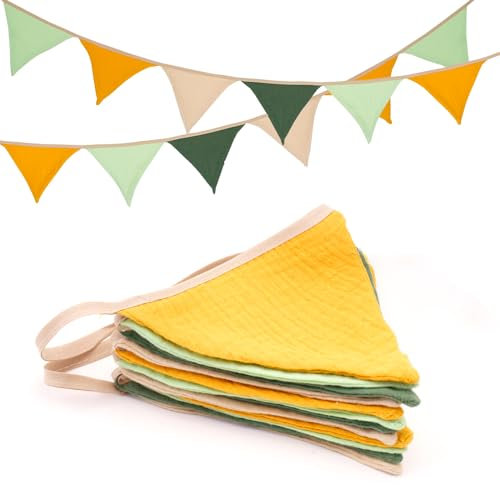 jijAcraft Wimpelkette Kinderzimmer, Doppelseitig Stoff Wimpelkette aus Musselin Baumwolle, 2,8M Grün Gelb Stoffgirlande,Kinderzimmer Deko Mädchen & Jungen, für Hausbett, Babybett, Kinderbett,Wanddeko
