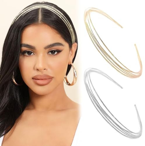 Irikdescia 2 Stück Mehrlagige Metall-Stirnbänder für Damen, Modisches, Dünnes Stirnband, Geschichtet, Haarreif Damen Elegante Haarbänder, Kopfbedeckung, Haarschmuck(Gold, Silber)
