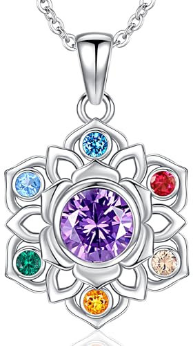 Chakra Halskette 925 Sterling Silber Lotusblume Anhänger Halskette Yoga Lotus Schmuck für Frauen Mädchen (Lotus Halskette-E)