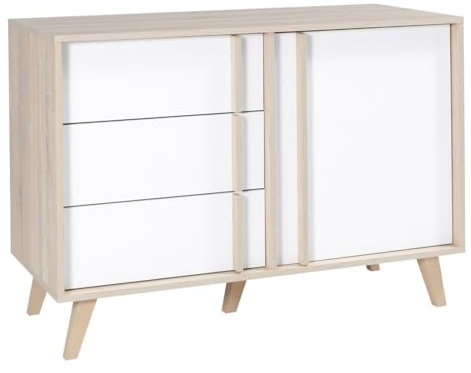 Commode 1 Porte et 3 tiroirs Malmo Coloris chêne Clair et Blanc