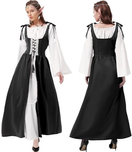 Joellfuner Mittelalter Kleid Damen, Renaissance Korsett Kleid Damen mit Trompetenärmeln, Mittelalter Kostüme Damen mit Elfenohren, Blumenkranz, Kette, Kopfschmuck für Karneval