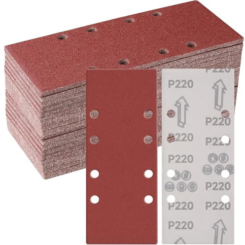 Sruhrak 50 Stück 93 x 230mm Schleifpapier Set, 220 Körnung Rechteckiges Schleifpad mit Klettverschluss 8 Löcher Schleifblatt für Rechteckschleifer Bosch-Schleifer