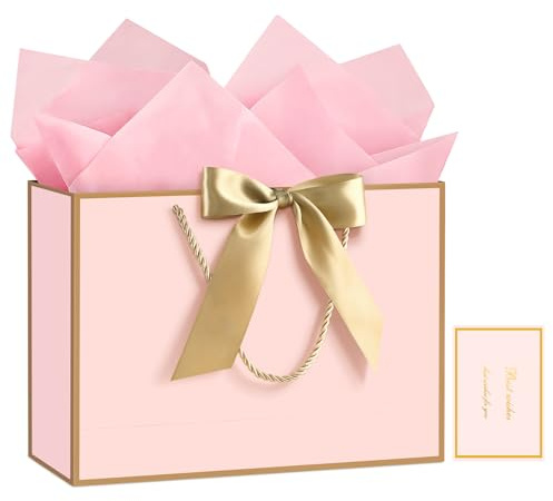 JMANNI Geschenktüten, 1 große Geschenktüten mit Band und 1 Grußkarte, 2 Seidenpapier, tragbare Papier-Geschenktüte mit Griffen, Geburtstagsgeschenktüten, Geschenktüten für Hochzeit, Party, Muttertag,