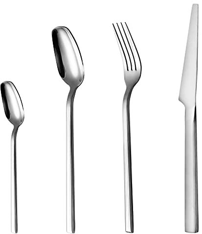 SANLI Cutlery Set for 6 People,Modern 24 Piece Stainless Steel Square Design Knife Fork Spoon Silverware Set.