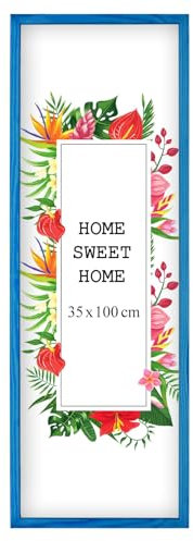 MG Design Cadre photo en bois 35 x 100 cm Bleu – plexiglas transparent, à suspendre vertical et horizontal – pour photos, posters et puzzles