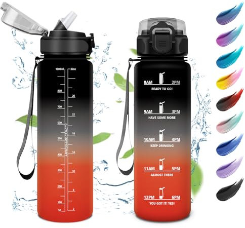 Bouteille 1L, Gourde Sport, Gourde avec Paille, Gourde Grande, Gourde Marqueur de Temps, Gourde Motivation, Bouteille d'eau Étanche, Gourde Reutilisable pour Running, Fitness, Yoga, Bureau, Gym