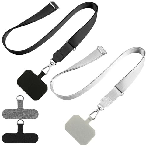 Leikedun 2× Cordon Téléphone Portable Universel avec 4× Téléphone Cordon Patch avec Anneau en Métal - Collier/Bandoulière Réglable 1.4m (Noir+Gris) - Compatible avec Tous les Smartphones