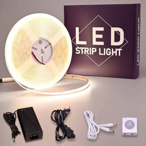GOMING 24V 10M Sensor de Movimiento COB LED Tira de Luz Blanco Natural 4000K CRI 93+ IP20 No Impermeable con 24V 3A Adaptador de Corriente para Armarios de Cocina Escalera Escaparate Dormitorio Cama