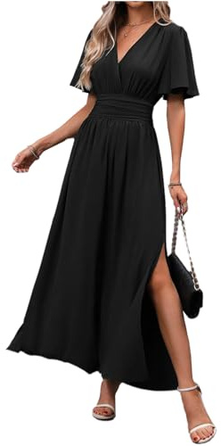LUVCES Damen Sommer Maxi Kleid V-Ausschnitt Schmetterlingsärmel Plissee Hohe Taille Schlitz Elegant Hochzeitsgast Langes Kleid Schwarz XXL