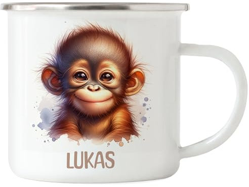 Kiddle-Design Kindertasse mit Namen Personalisiert, Personalisierte Tasse Kinder mit AFFE, Namenstasse Affentasse, Kinderbecher als Geschenk zur Taufe, Geburt Weihnachten - Emaille Tasse