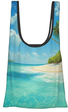 KCGSDEGV Island with Sandy Beach and Palm Tree Printed Foldable Shopping Bag | Waterproof Tear-Resistant Reusable Tote for Grocery,Travel,Work & Gifts