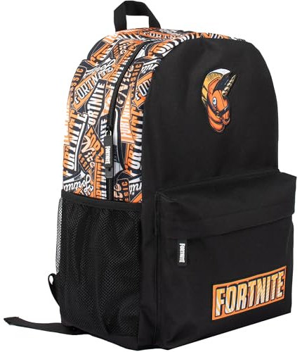 Fortnite Zaino scolastico per ragazzi, nero, grande, A4, multicompartimento, con tasche in rete e spallacci imbottiti regolabili, Nero/Arancione