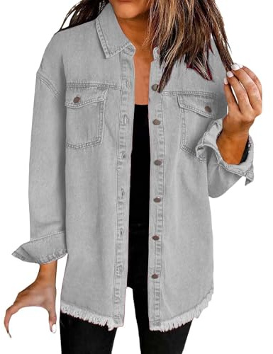 Generisch Jeansjacke Damen, Jeans Jacken Für Damen, Oversize Denim Jacke Frayed Hem Übergangsjacke Leichte Sommerjacke Jeansjacken Damenjacken Frühjahr Sommer Jacke Übergang Freizeitjacke