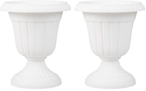 COSTWAY 2 Pack Vintage Planters, 46cm Tall Urn Plastic Flower Pots with Pedestal Base & Pre-marked Drain Hole, Indoor Outdoor Decorative Plant Containers for Front Porch Home Wedding (White)