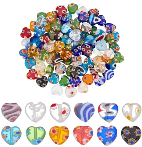 CRAFTYMELODY 100 pièce de Perles Millefiori en Verre Faites à la Main en Forme de Cœur de 8mm en Forme de Fleur pour la Fabrication de Bijoux