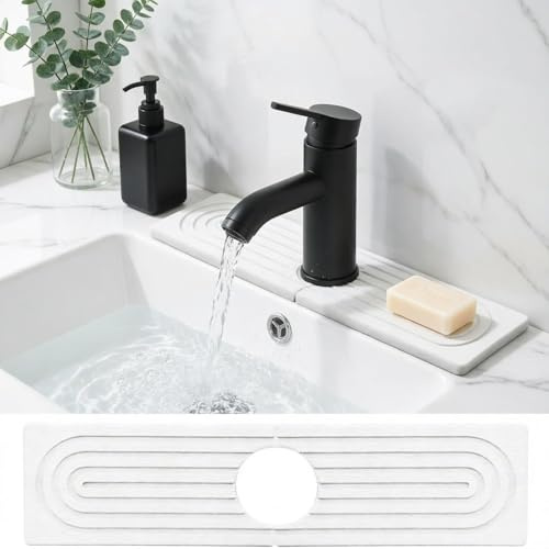 Xummi Wasserabsorbierender Stein für Spüle, Abtropfmatte Stein Wasserhahn Matte, Stone Drying Mat Kitchen, Kieselgur schnell trocknende Stein Spüle Tray für Küche und Bad Counter (Weiß, 40x10cm)