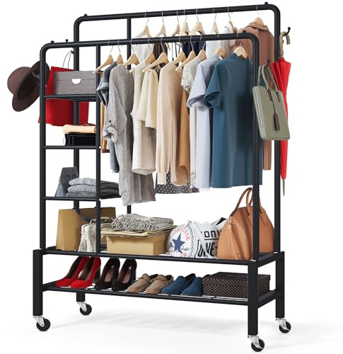 Klass Home Collection Heavy Duty Clothes Rail, 120KG Black Metal Rack With Double Hanging Clothing Rail, Shoe Rack, Storage Shelves & 4 Coat Hooks, Wardrobe Clothes Rails For Bedroom Office Shop