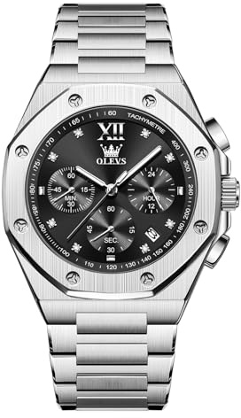 OLEVS Silber Herrenuhr Schwarzes Zifferblatt Modern Chronograph Herren Armbanduhr Edelstahl Analog Groß Herren Uhren mit Datumsanzeige Quarz Wasserdicht Leuchtend Uhren für Männer Metallarmband