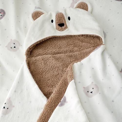 Catherine Lansfield Cosy Bear So Soft Fleece 90x125cm Hooded Blanket Natural