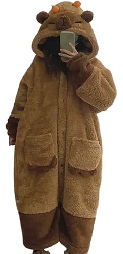 CNAFGBGG Capybara Kostüm Flanell Weiches Halloween -Pyjamas mit Kapuzenflausch -süßer Pyjama für Themenpartys, Cosplay -Events, Freizeithäuser.