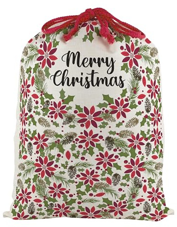 Christmas Extra Large Santa Sack - Fabric Present Bag for Xmas Gifts with Red Drawstring Ties - Merry Christmas Poinsettia
