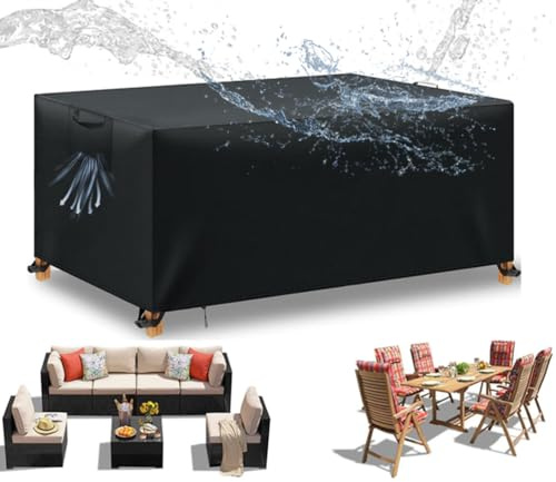 Winterabdeckung für Gartenmöbel, 600D Oxford, Wasserdicht und UV-Beständig, Winddicht, Sonnen- und Iichtbeständig für Gartentisch/Sitzgruppe,Schwarz,280X204X106cm(LxWxH)