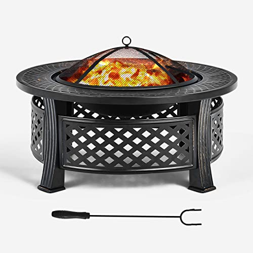 FANTASK Feuerschale, Feuerstelle mit Grillrost & Funkenschutz, Stabiler Feuerkorb inkl. Schürhaken für BBQ, Picknick, Lagerfeuer im Garten, φ81 cm