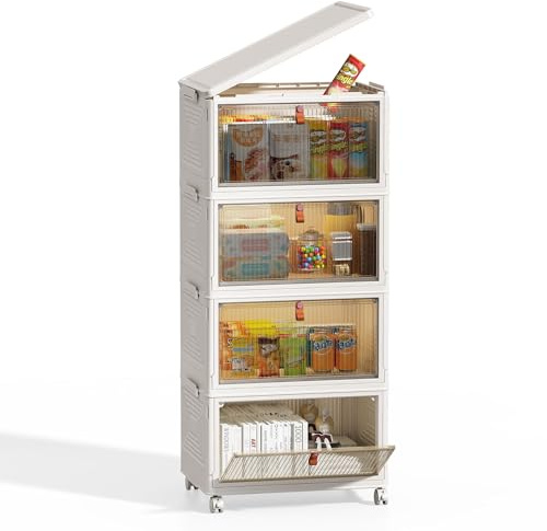 NETEL Aufbewahrungsbox mit Deckel, 23.4L Boxen Aufbewahrung, stapelboxen mit deckel,Faltbare Aufbewahrungsboxen mit Tür und Rollen,klappbox,Geeignet für Schlafzimmer, Wohnzimmer und Küchen,weiß