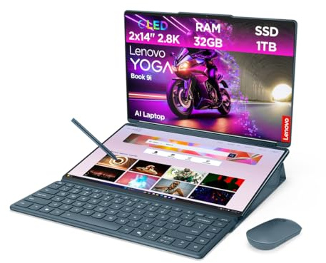 Lenovo Yoga Book 9i AI Laptop | 2x14''2.8K WQXGA OLED Touch | Intel Core Ultra 9 285H | 32GB RAM | 1TB SSD | Intel Arc 140T | Win11 | QWERTZ | Tidal Teal | Inkl.Maus+Stand+Hülle | 3 Jahre Premium Care