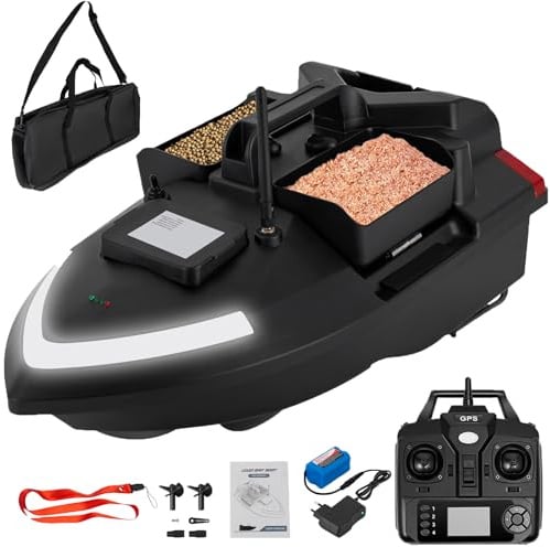 CHERIKIU 500m RC Köderboot mit GPS & 3 Köderboxen, ABS Angelköder Boot Fernbedienung Futterboot Fischköder Angeln Futterboot, Suchscheinwerfer & 12000mAh Batterie Fischköder-Boot (Schwarz)