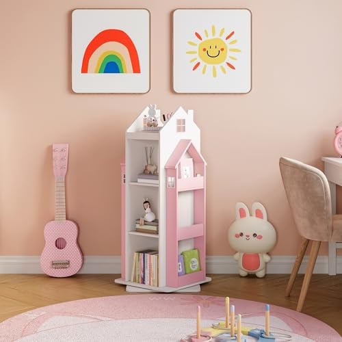 [en.casa] Drehbares Bücherregal für Kinder Vipsali Spielzeugregal in Hausoptik Drehregal mit Aufbewahrungsregal 108 x 40 x 40 cm Rosa/Weiß