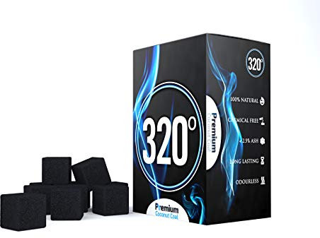 320° Premium Coconut Shisha Charcoal Coal (25mm Cubes) for Hookah BBQ 1 kg - 72 Pieces - Nicotine Free