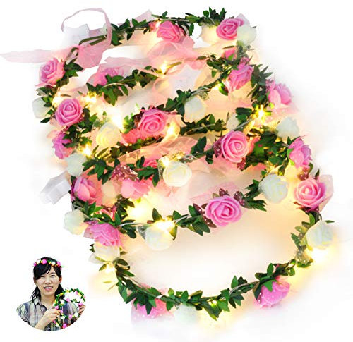 NOVELTY PLACE 4 Pack Light Up Flower Headband - LED Floral Head Crown for Wedding, Festival and Party - 4 Pieces