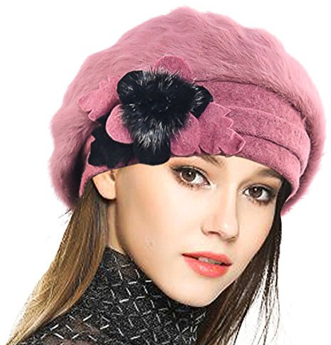 VECRY Damen Wolle Barette Angola Kleid Beanie Schädel Mützen Stricken Winter Hüte (Rosa)