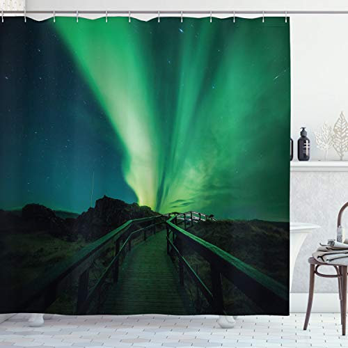 ABAKUHAUS Nordlicht Duschvorhang, Holzbrücke Sonnen, Stoffliches Gewebe Badezimmerdekorationsset mit Haken, 175 x 180 cm, Farngrün Dunkelblau