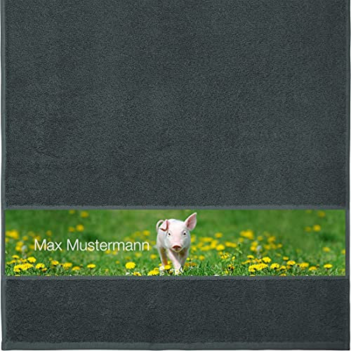 Manutextur Handtuch mit Namen - personalisiert - Motiv Schwein - viele Farben & Motive - Dusch-Handtuch - anthrazit - Größe 50x100 cm - persönliches Geschenk mit Wunsch-Motiv und Wunsch-Name