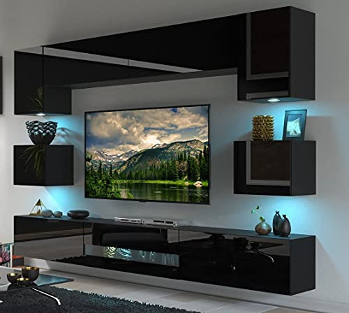 Furnitech Wohnwand Wohnzimmer - Wohnzimmer Möbel mit LED Weiß - Hängend Wohnwand Modern - Wohnzimmer Schrankwand mit Regale und TV Schrank (Besta DAN1-17B-HG20 1B)