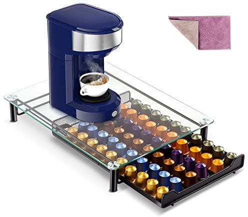 Myiosus Kaffee Kapselhalter, Kaffeekapseln Aufbewahrung Schublade von 60 Kapseln, Kaffee Kapselständer mit Gehärtetem Glas Oberseite, Kaffeekapselhalter für Küche Büro, Senden 1 Reinigungstuch