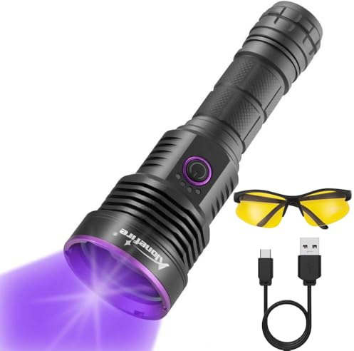 ALONEFIRE SV43 - Linterna UV de 36 W y 365 nm USB C, recargable, luz ultravioleta, negra, para detector de orina de mascotas, curado de resina, escorpión, chinches de cama, pesca, fugas con gafas