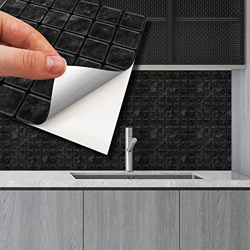 WALPLUS 72pcs 15x15cm Lux Touch Dark Marble Mosaic Wall Tile Sticker Set Black Grey Aluminium Film Peel and Stick Backsplash Decals Home Decors Splashback for Kitchen Bathroom Tiles Paint Stick on